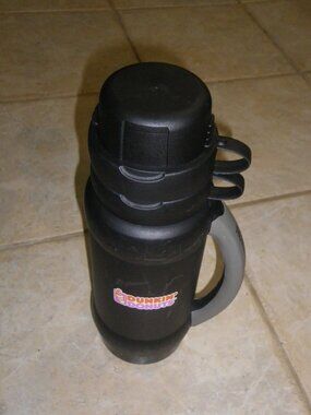 Dunkin Donuts Black Tall Travel Thermos 1 Liter w/ 2 Cups Super Convenient!